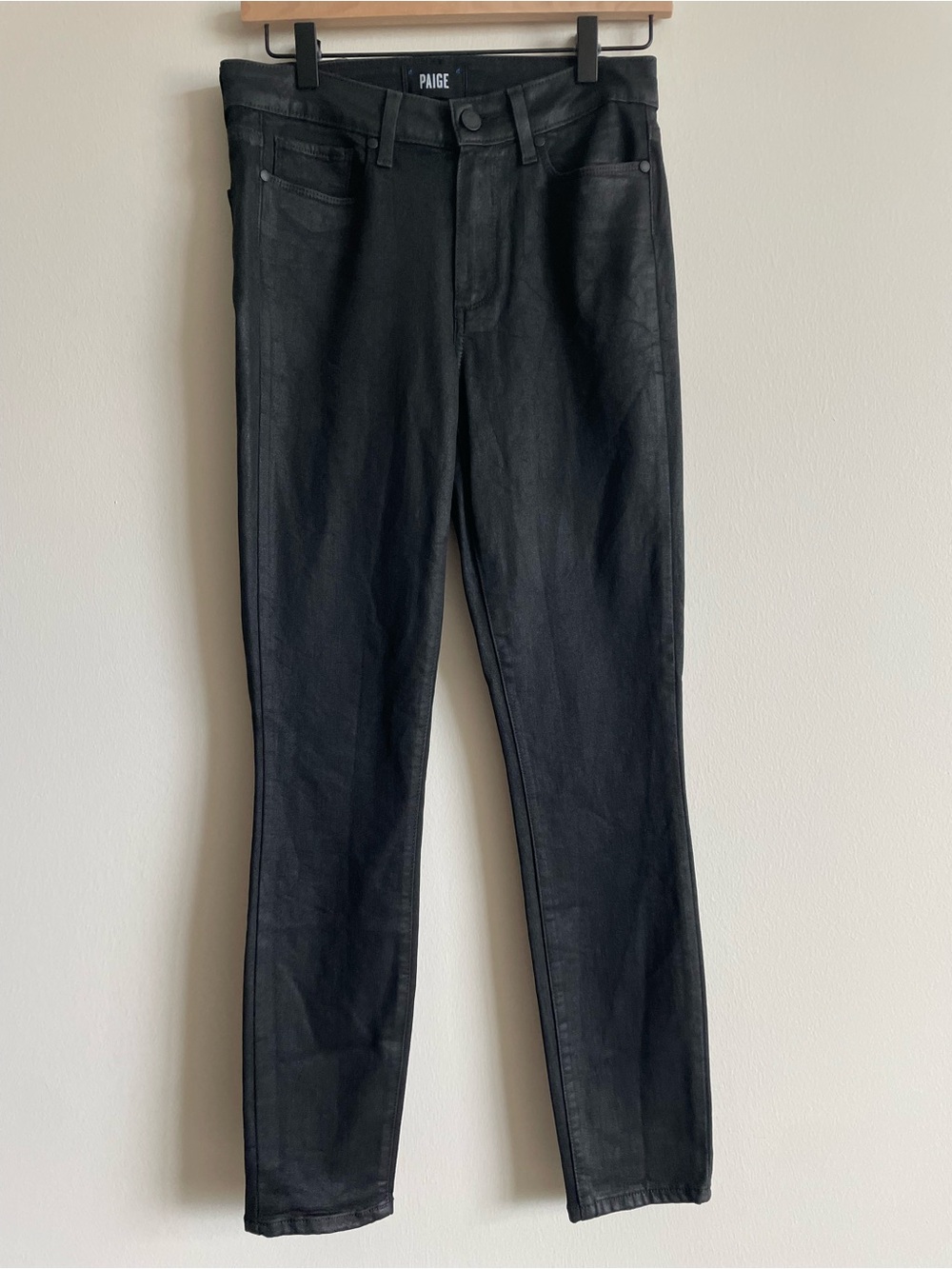 Paige Hoxton High Rise Ankle Skinny Jeans black fog luxe coating model off duty